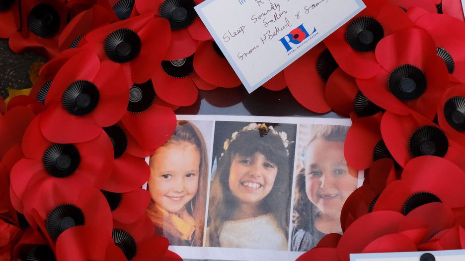 LONDON, UNITED KINGDOM - NOV 11, 2024 -  A wreath for the three girls murdered in the Southport terror attack. Armistice Day wreaths at the Cenotaph on Whitehall, London. (Photo credit should read Matthew Chattle/Future Publishing via Getty Images)