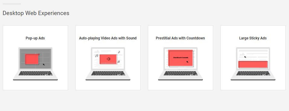 Przykłady najmniej pożądanych typów reklam na desktopach. Źródło: Coalition for Better Ads