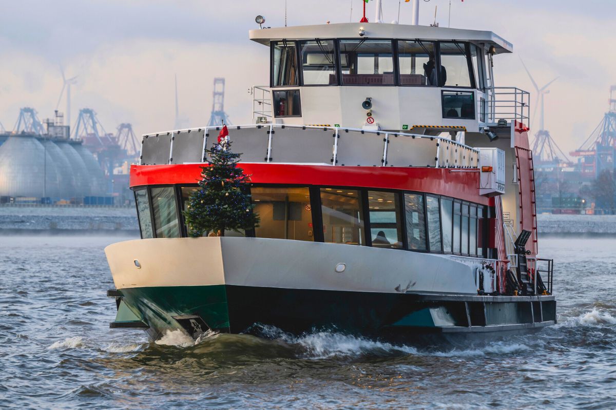 A ship with a Christmas tree on board