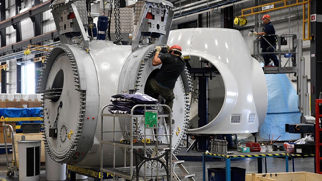 Vestas
BRIGHT0N, CO - April 12: Workers at Vestas put the finishing touches on giant hubs for wind turbines at the plant April 12, 2016. (Photo by Andy Cross/The Denver Post via Getty Images)
Andy Cross
