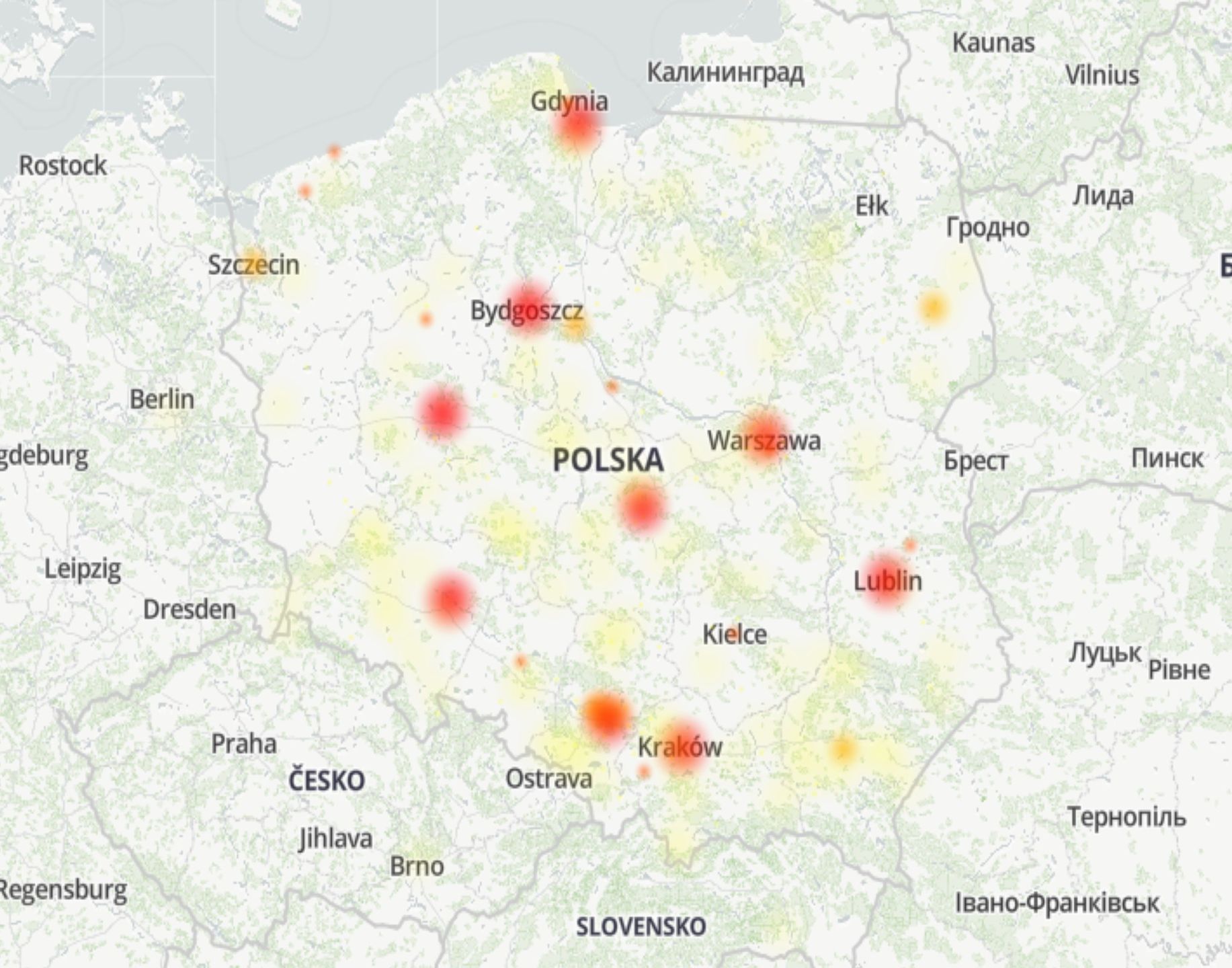 Mapa zgłoszeń awarii Facebook Messenger.
