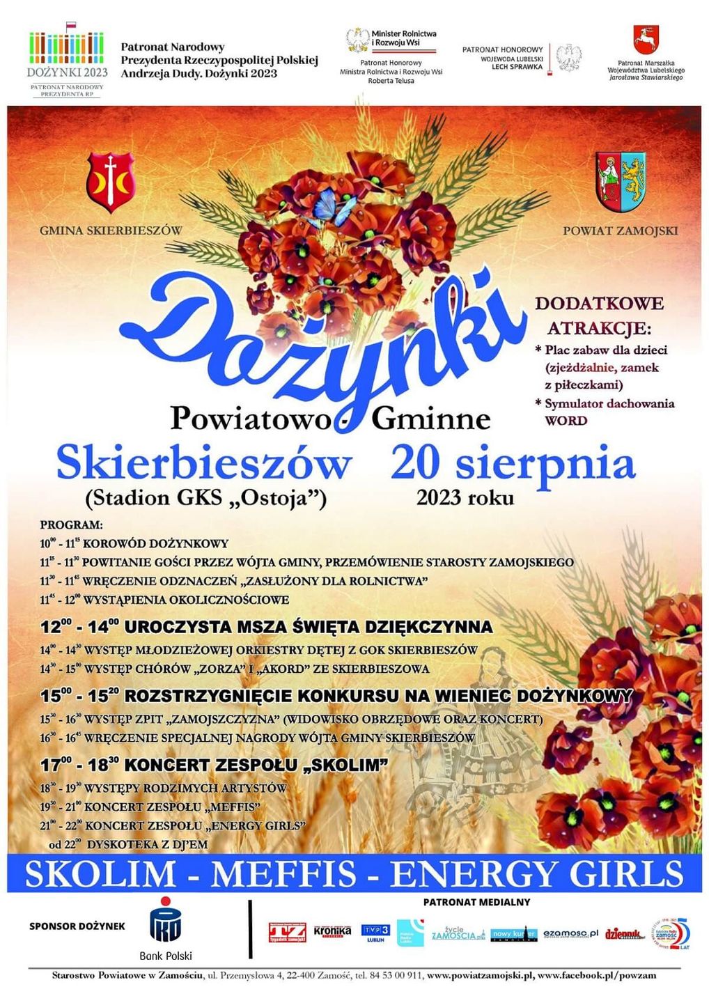 Dożynki Powiatu Zamojskiego w Skierbieszowie 2023 - plakat, program wydarzenia