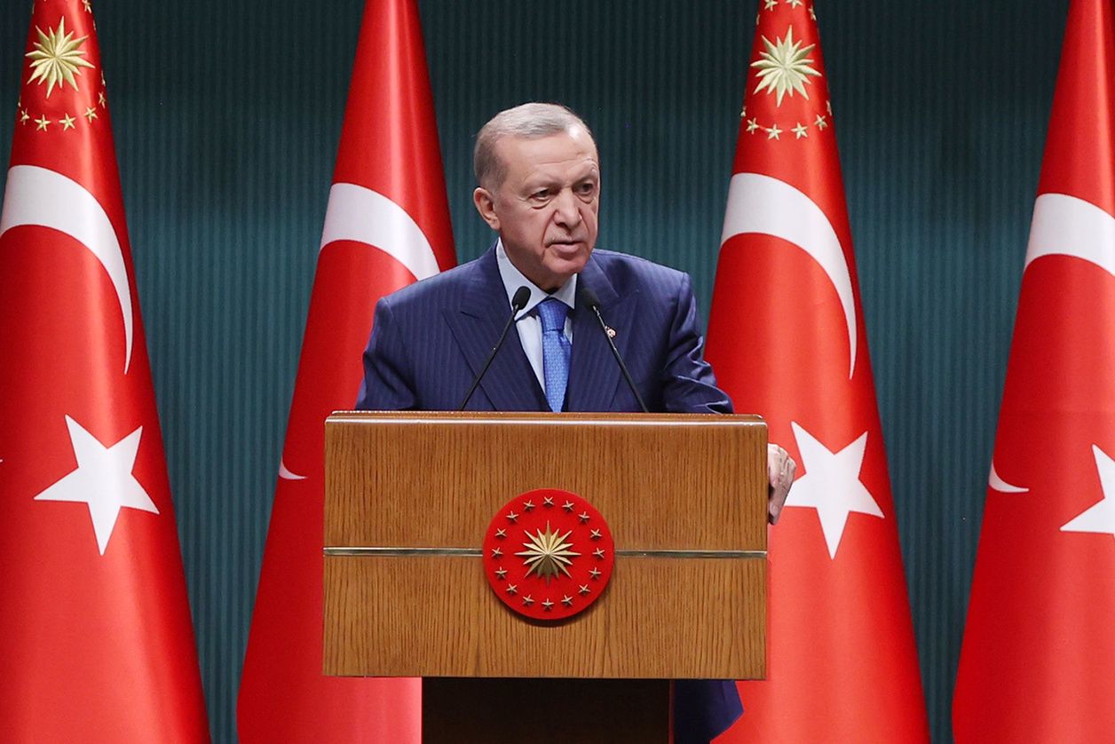 ANKARA, TURKIYE - JANUARY 23: Turkish President Recep Tayyip Erdogan makes statements after cabinet meeting at Presidential Complex in Ankara, Turkiye on January 23, 2023. (Photo by Murat Kula/Anadolu Agency via Getty Images)