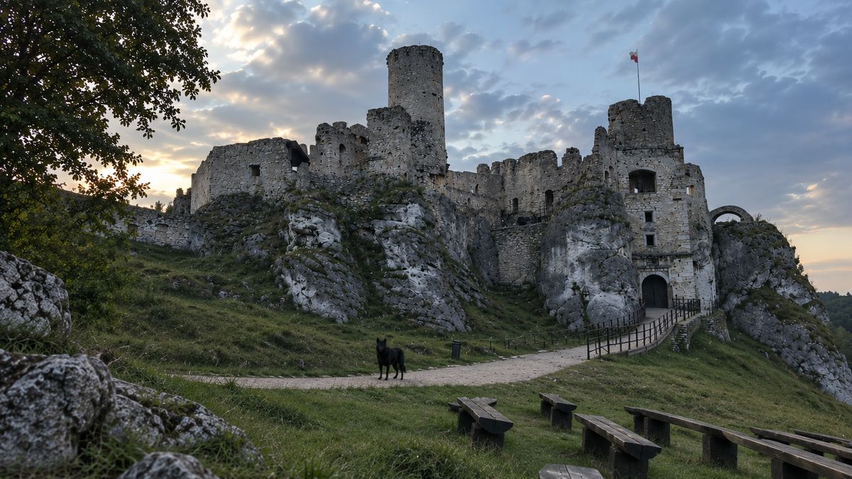 Czarny pies z Ogrodzieńca nocą błąka się wśród ruin