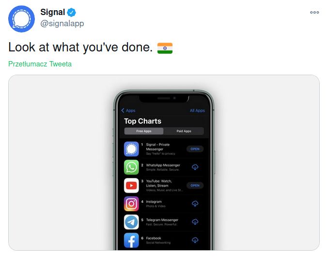 Tweet z konta Signal