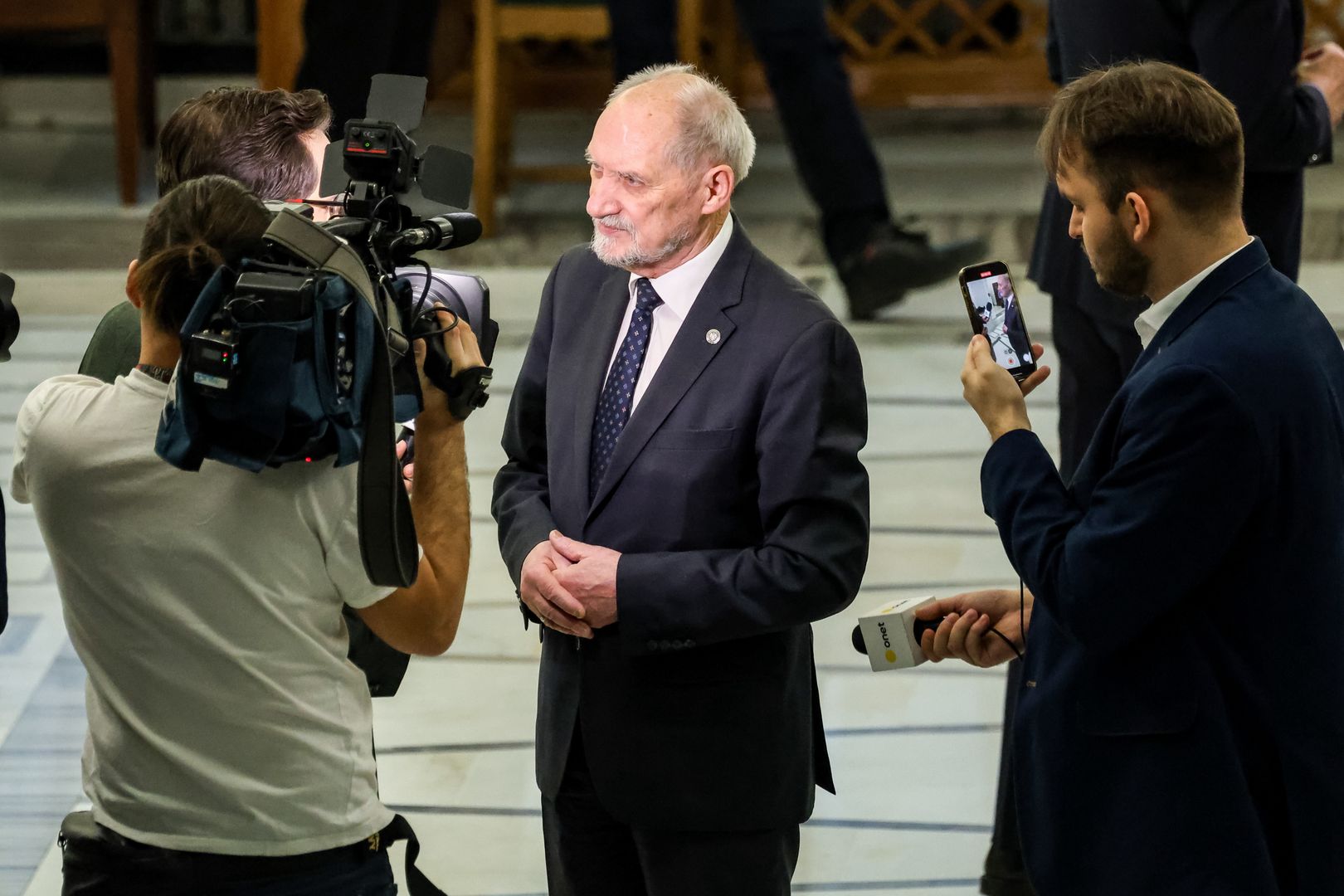WARSAW, MAZOWIECKIE, POLAND - 2024/01/26: Antoni Macierewicz, former Minister of Defence of Poland talks to the press during the 4th session of Polish Parliament that takes place amid chaos created by legal disagreement with the previous government. The present government assumed power in Poland on December 13, 2023, succeeding the Law and Justice far-right political party, which had held control for eight years. Both factions level accusations of unconstitutional actions against each other, resulting in the coexistence of two de facto legal systems within the country. (Photo by Dominika Zarzycka/SOPA Images/LightRocket via Getty Images)