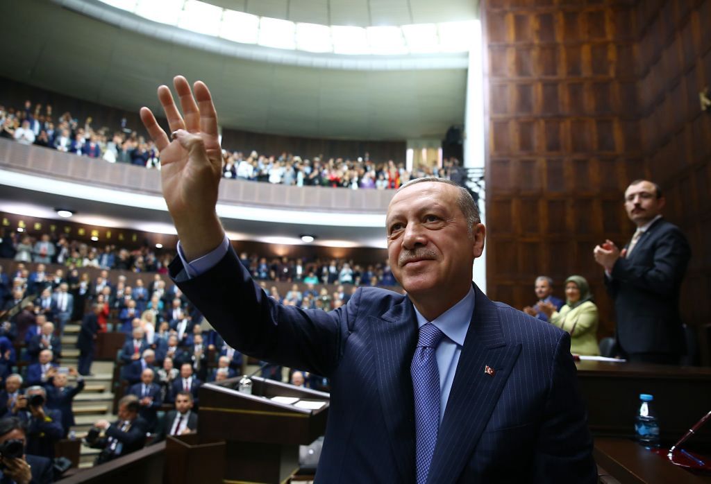 AK Party's Group Meeting in AnkaraANKARA, TURKEY - MAY 8 :   President of Turkey and the leader of the Justice and Development Party (AK Party) Recep Tayyip Erdogan (C) attends the AK Party's parliamentary group meeting at the Grand National Assembly of Turkey (TBMM) in Ankara, Turkey on May 8, 2018. (Photo by Kayhan Ozer/Anadolu Agency/Getty Images)Anadolu AgencyTurkey, Ankara, Bianli Yildirim