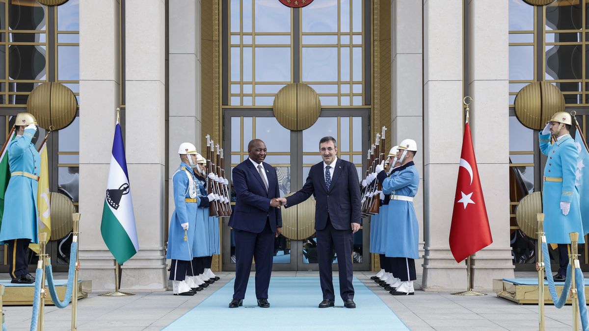 ANKARA, TURKIYE - NOVEMBER 19: Turkish Vice President Cevdet Yilmaz (R) welcomes Lesotho Prime Minister Samuel Ntsokoane Matekane (L) with an official ceremony at the Presidential Complex in Ankara, Turkiye on November 19, 2024. (Photo by Arman Onal/Anadolu via Getty Images)