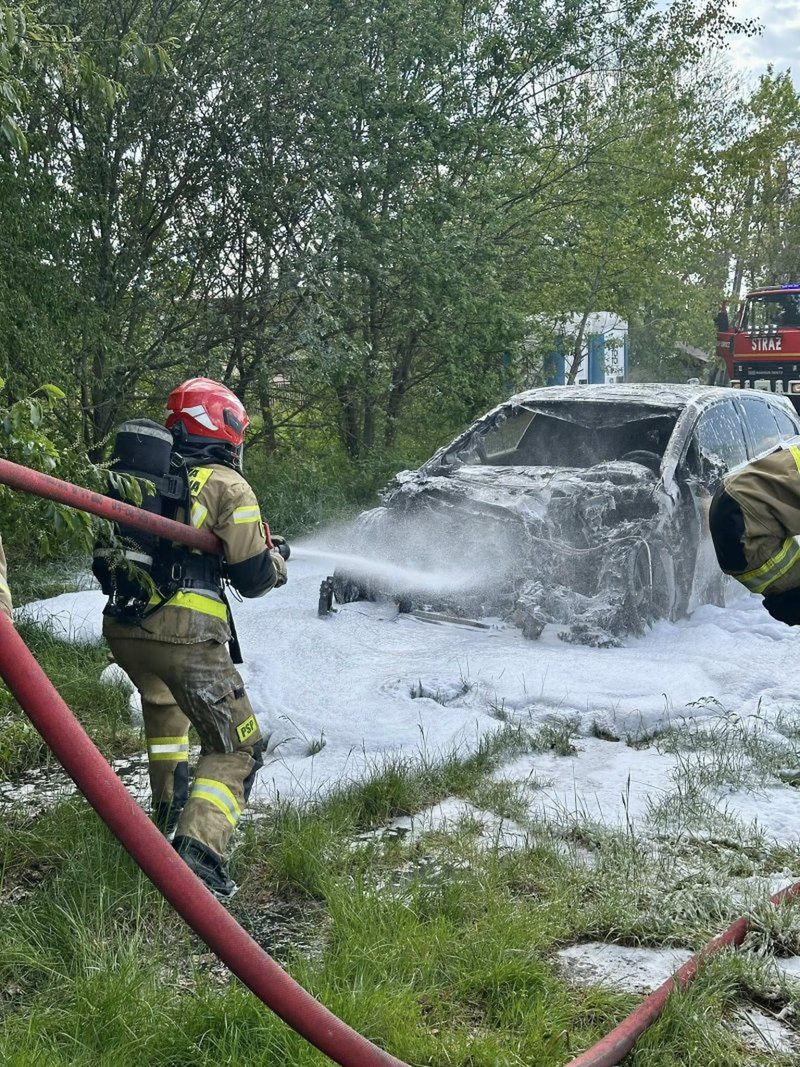(fot. OSP KSRG Zwierzyniec) Elektryczny Jaguar stanął w płomieniach