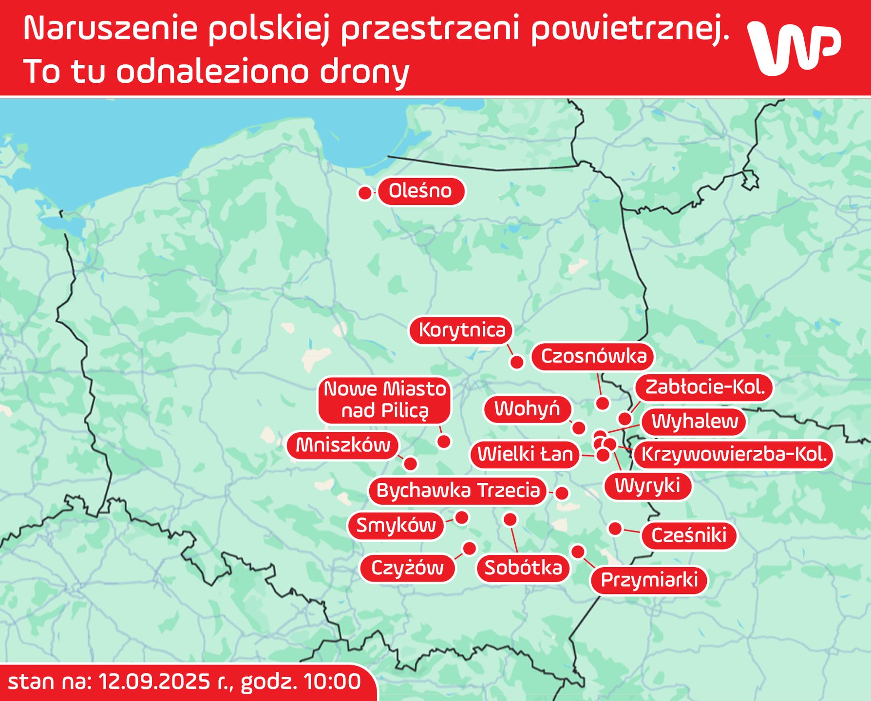 Miejsca, w których znaleziono rosyjskie drony w Polsce