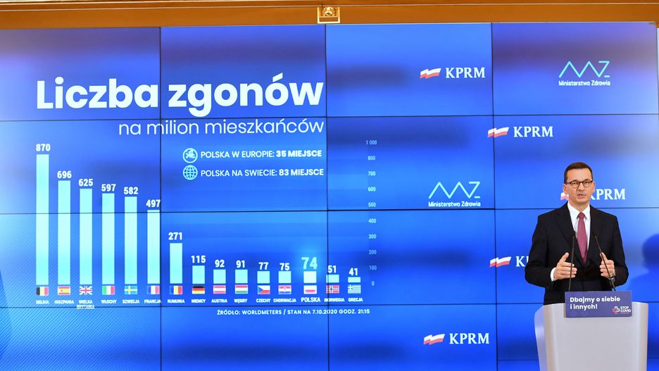 Warszawa, 08.10.2020. Koronawirus w Polsce. Premier Mateusz Morawiecki podczas konferencji prasowej w KPRM w Warszawie, 8 bm. nt. sytuacji epidemiologicznej w Polsce. (aldg) PAP/Piotr Nowak