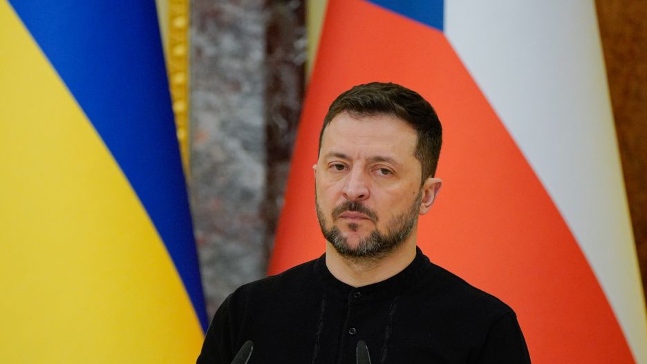 KYIV, UKRAINE - MARCH 21: President of Ukraine, Volodymyr Zelenskyi during a joint press conference with President of the Czech Republic, Petr Pavel (not pictured) on March 21, 2025 in Kyiv, Ukraine. During his visit to Ukraine, Pavel visited Odesa, where he met with the Minister of Community and Territorial Development of Ukraine Oleksiy Kuleba, and the village of Moshchun in the Kyiv Oblast, where, together with President Zelenskyi, he honored the memory of fallen Ukrainian soldiers. (Photo by Ihor Kuznietsov/Novyny LIVE/Global Images Ukraine via Getty Images)