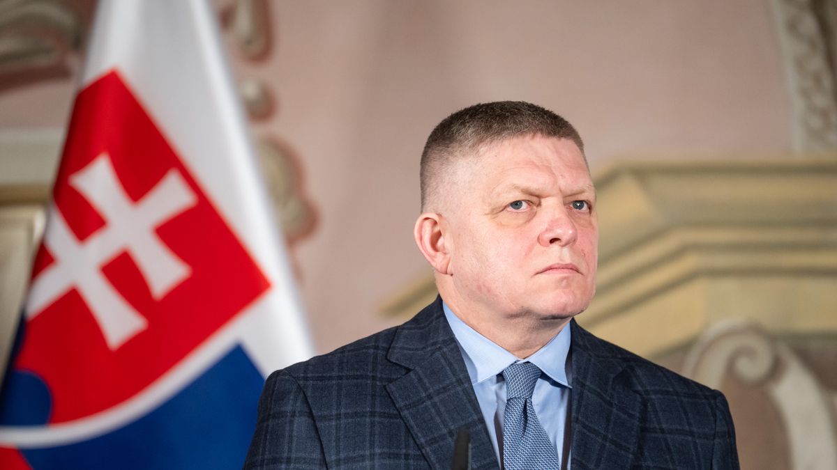 Robert Fico, Slovakia's prime minister, during a joint news conference with Andrej Babis, Czech Republic's prime minister, in Studenka, Czech Republic, on Tuesday, March 31, 2026. The Czech government will lend 100,000 tons of crude oil from its emergency reserves to the country's refineries, Babis said in a news conference on Monday. Photographer: Milan Jaros/Bloomberg via Getty Images