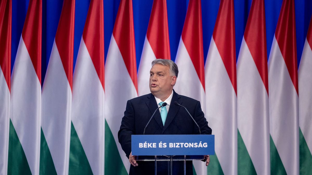 BUDAPEST, HUNGARY - FEBRUARY 18: Viktor Orban, Hungary's prime minister delivers his year's annual assessment speech - which motto was Peace and Security - the during a government congress on February 18, 2023 in Budapest, Hungary. (Photo by Janos Kummer/Getty Images)