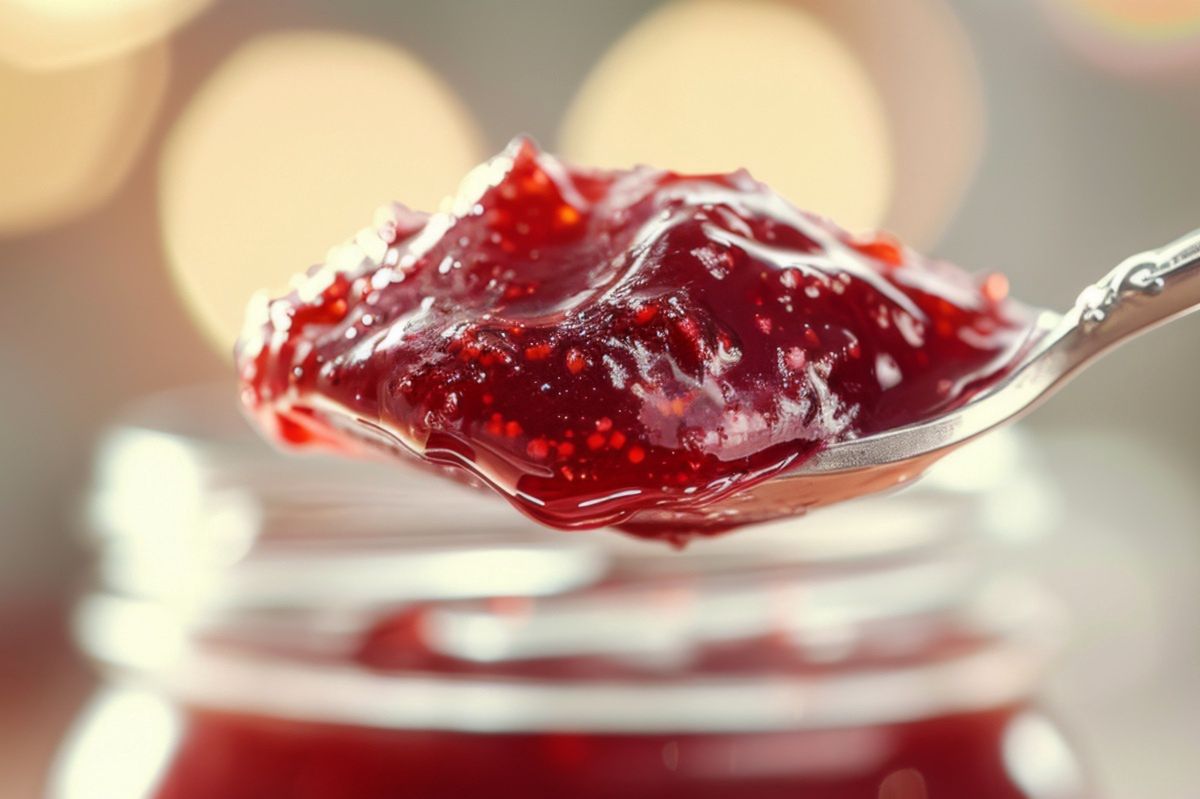 Homemade strawberry jam on a spoon