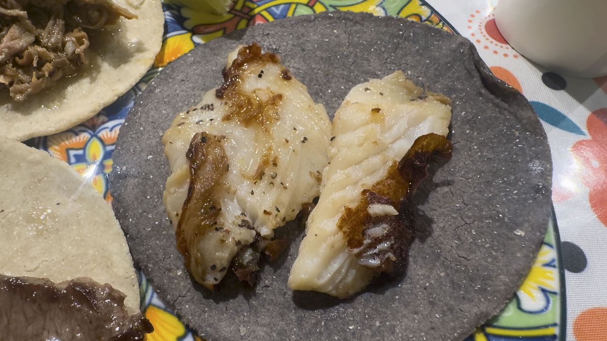 Sautéed Whitefish Taco on Blue Corn Tortilla
An overhead close-up shot features a delicious sautéed whitefish taco, presented on a distinctive blue corn tortilla. Two generous pieces of perfectly cooked, flaky whitefish with lightly browned edges sit atop the tortilla. The taco is arranged on a vibrant, multi-colored patterned plate. In the background, hints of other tacos (like a meat taco and a lime wedge) are visible, suggesting a variety of Mexican dishes being served.
DigiPub
asada, carnitas, 025-06-23, mexican cuisine, isezaki mall, blue corn, isezakicho