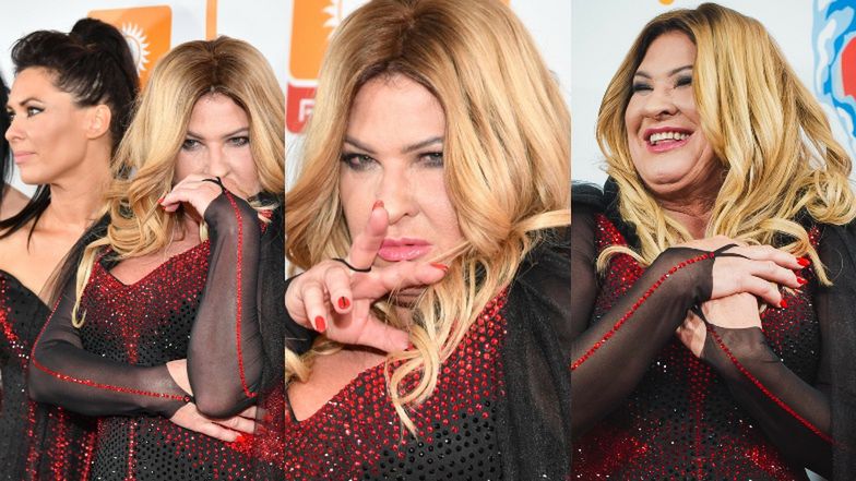 Beata Kozidrak prezentuje zestaw min na ściance podczas Polsat SuperHit Festiwalu