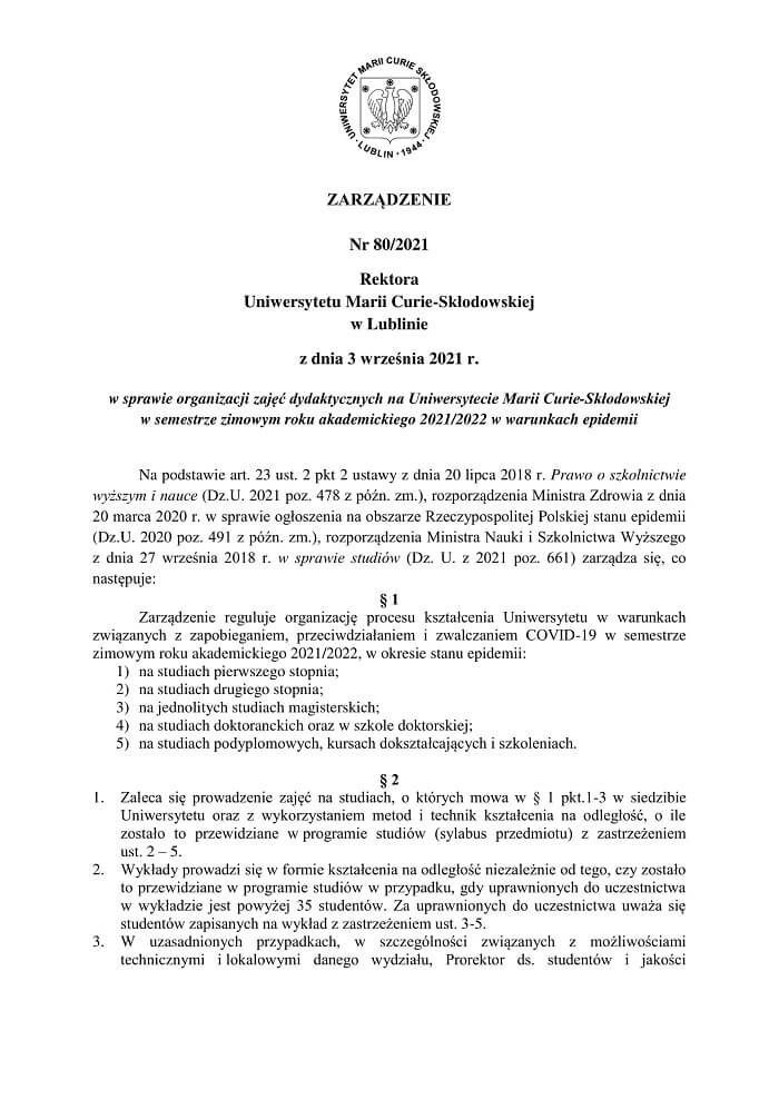 Zarządzenie Rektora UMCS ws. powrotu studentów na uczelnię