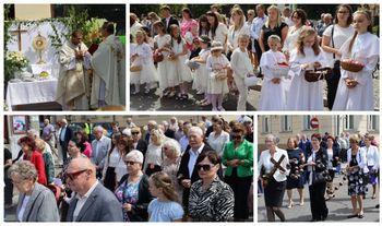 Procesja Bożego Ciała na Rynku w Pleszewie. Wierni podążali do czterech ołtarzy symbolizujących: dom, cierpienie, pracę i odpoczynek