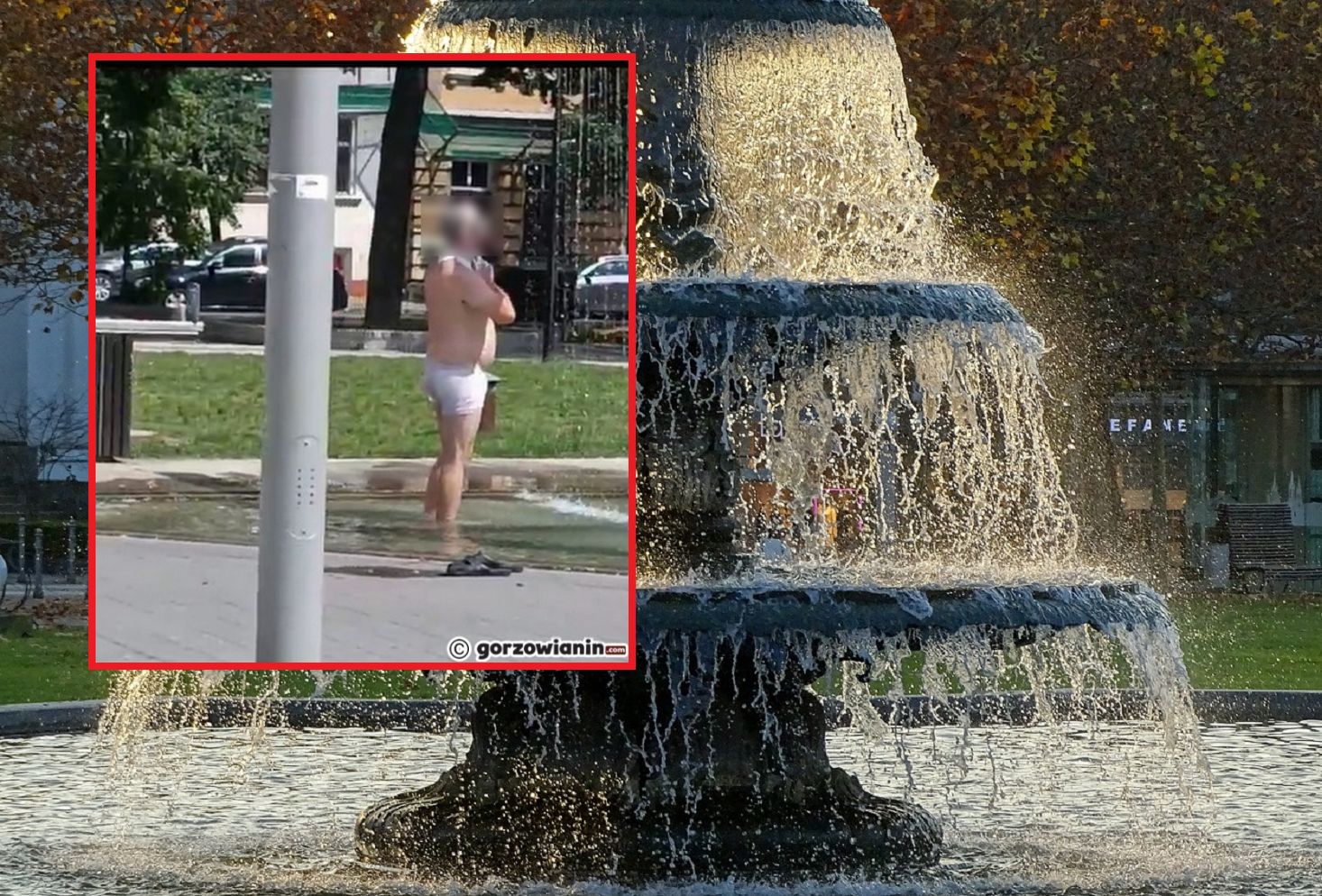 Nietypowy widok w Gorzowie. Mężczyzna kąpie się w fontannie
