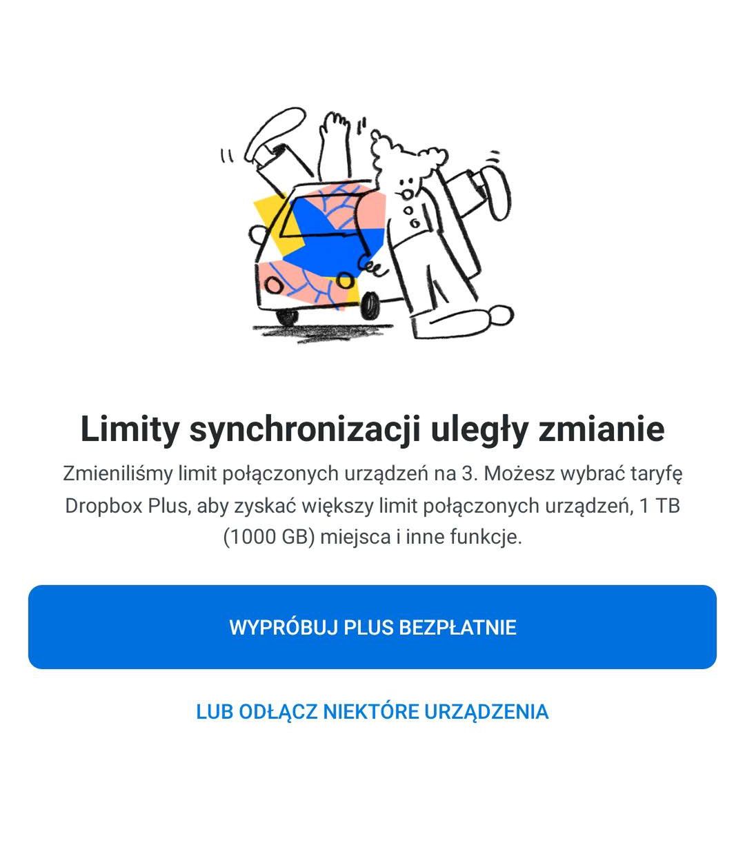 Takie powiadomienie wyświetli aplikacja przy próbie połączenia się z nowym urządzeniem, jeśli limit jest już wyczerpany