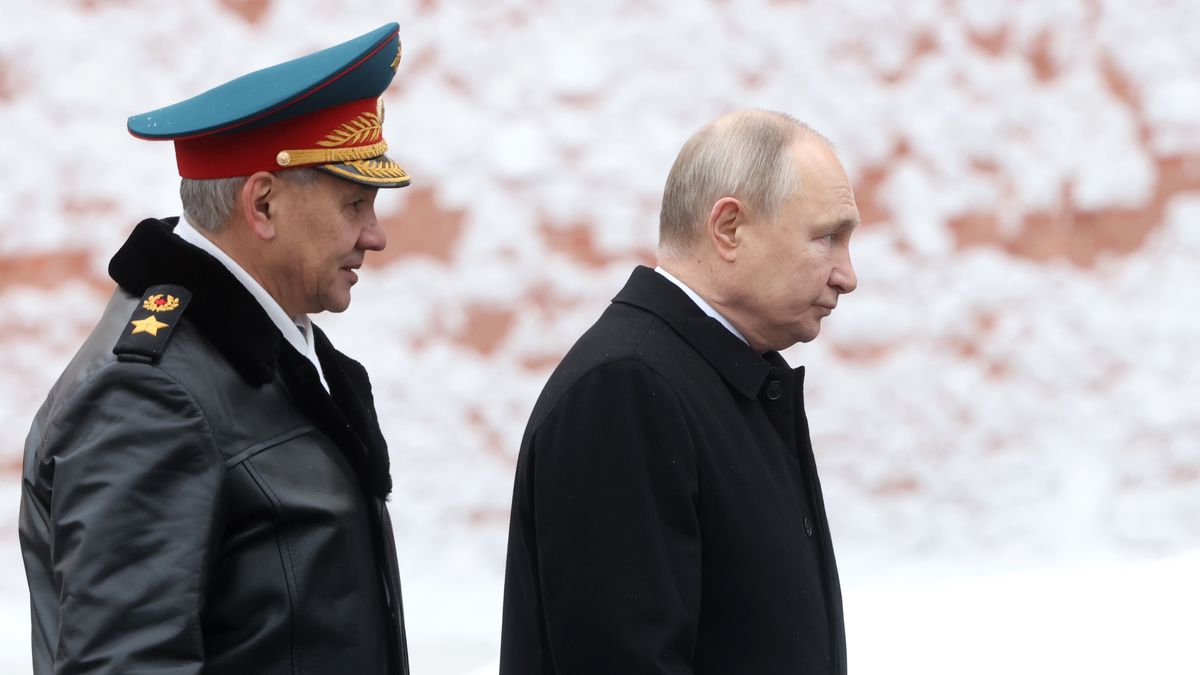 MOSCOW, RUSSIA - FEBRUARY 23:  (RUSSIA OUT) Russian President Vladimir Putin (R) and Defence Minister Sergei Shoigu (L) walk after the wreath laying ceremony at the Unknown Soldier Tomb, marking the Defender of the Fatherland's Day, on February 23, 2024, in Moscow, Russia. Putin is candidate for the 2024 Presidential Elections. (Photo by Contributor/Getty Images)