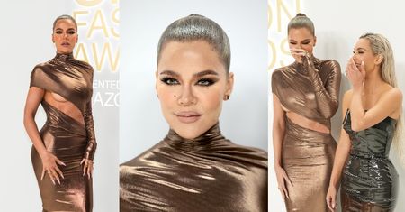 Roześmiane Kardashianki na czerwonym dywanie: Khloe z odsłoniętą piersią i Kim w stylizacji przypominającej worek na śmieci (ZDJĘCIA)