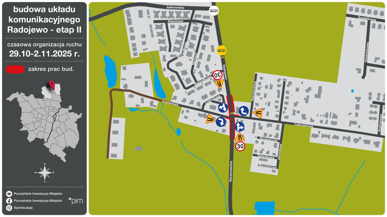 Poznań: Zmiany w organizacji ruchu na skrzyżowaniu w rejonie Radojewa i Naramowic w związku z dniem Wszystkich Świętych