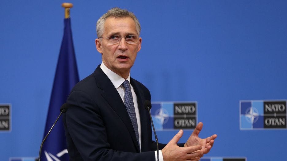BRUSSELS, BELGIUM - DECEMBER 15: NATO Secretary General, Jens Stoltenberg and Prime Minister of Montenegro Zdravko Krivokapic (not seen) hold a joint press conference in Brussels, Belgium on December 15, 2020. (Photo by Dursun Aydemir/Anadolu Agency via Getty Images)