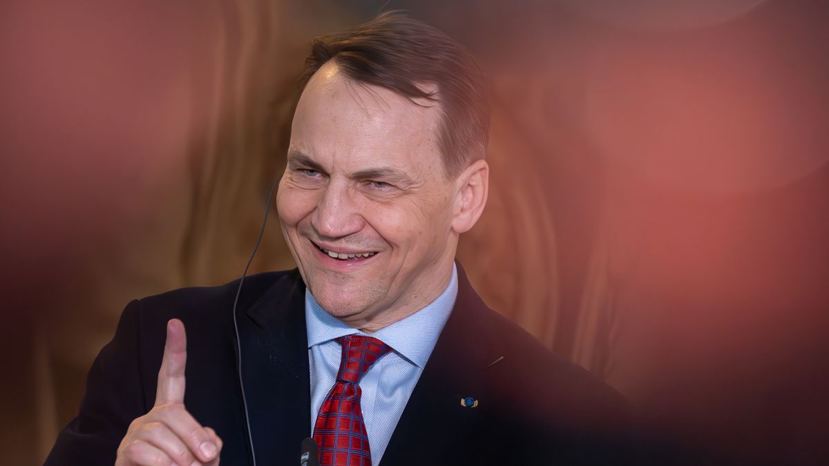 PRAGUE, CZECH REPUBLIC - 2024/03/20: Polish foreign minister Radoslaw Sikorski speaks to the media during a joint press conference in Prague. Minister of Foreign Affairs of Poland Radoslaw Sikorski visited the Czech Republic and met with the Czech foreign minister Jan Lipavsky one day before the meeting of Visegrad Group (V4) of Foreign Ministers in Prague. (Photo by Tomas Tkacik/SOPA Images/LightRocket via Getty Images)