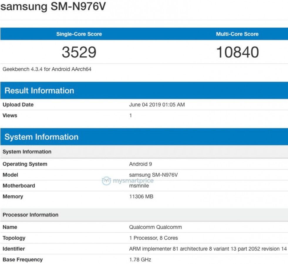 Samsung Galaxy Note10 (SM-976) w bazie Geekbench