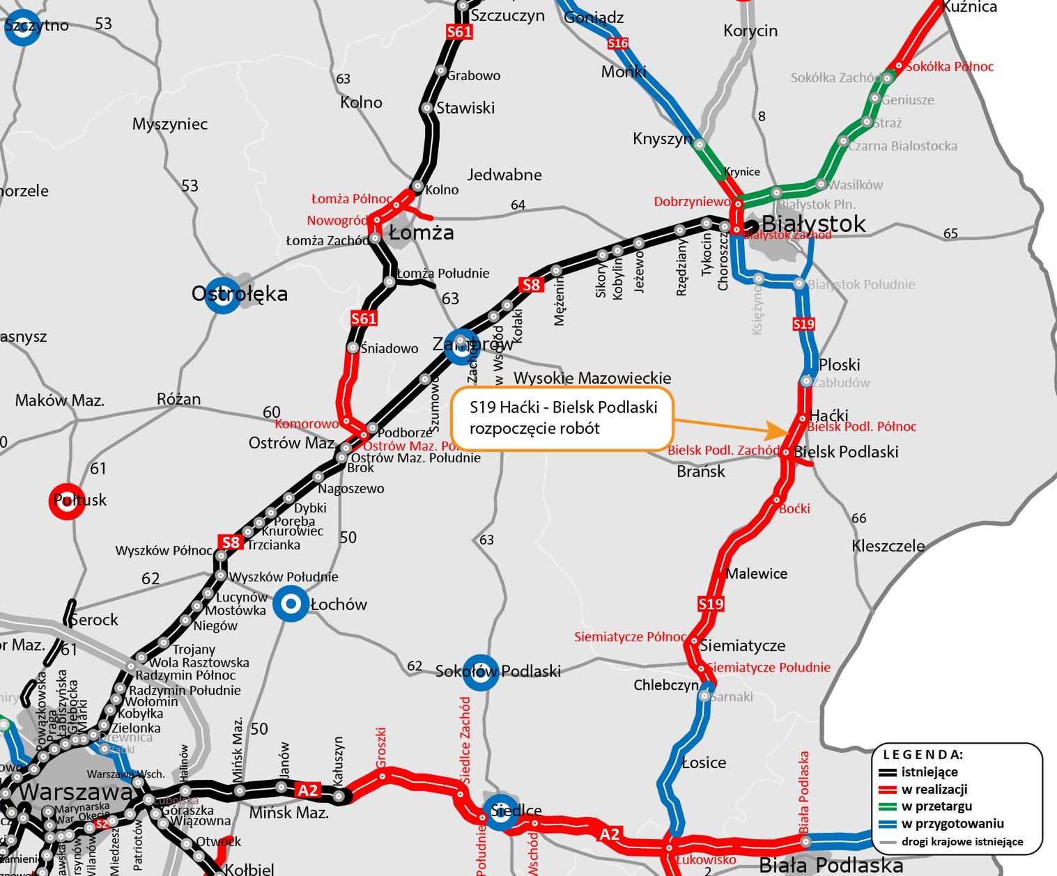 S19 w woj. podlaskim - mapa realizacji