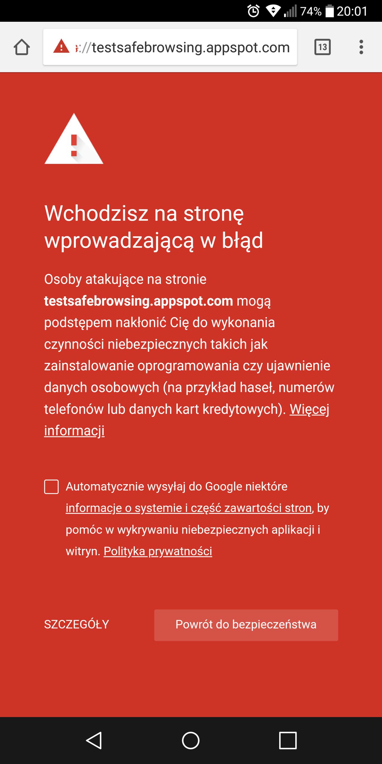 Przykładowe powiadomienie wygenerowane przez Google Safe Browsing podczas korzystania z Google Chrome.
