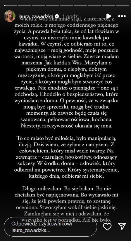 Laura Zawadzka zamieściła obszerne oświadczenie