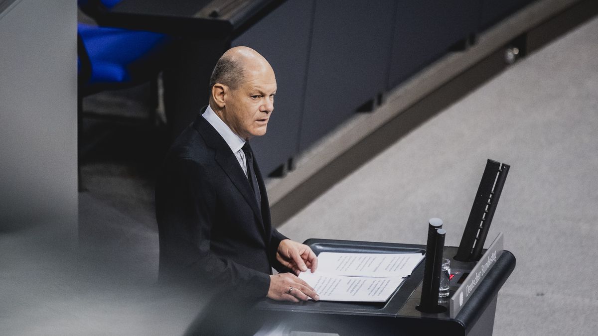 BERLIN, GERMANY - OCTOBER 12: Federal Chancellor Olaf Scholz (SPD) is pictured during his government declaration about the current situation in Israel on October 12, 2023 in Berlin, Germany. (Photo by Florian Gaertner/Photothek via Getty Images)