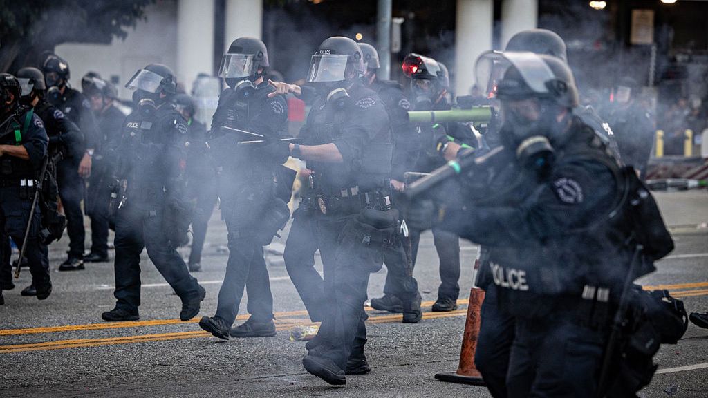 Demonstrators protest outside the Edward R. Roybal Federal Building and the Metropolitan Detention Center in response to ICE raids
Los Angeles, CA - June 06: LAPD clear the street outside  the Metropolitan Detention Center as demonstrators gather in response to ICE raids in Los Angeles on Friday, June 6, 2025 in Los Angeles, CA. (Jason Armond / Los Angeles Times via Getty Images)
Jason Armond
metropolitan detention center, ca, raids, demonstrators, edward r. roybal federal building, united states, los angeles