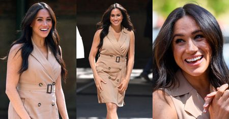 Urocza Meghan Markle odsłania ramiona i łydki w cielistej sukience za 600 złotych (ZDJĘCIA)