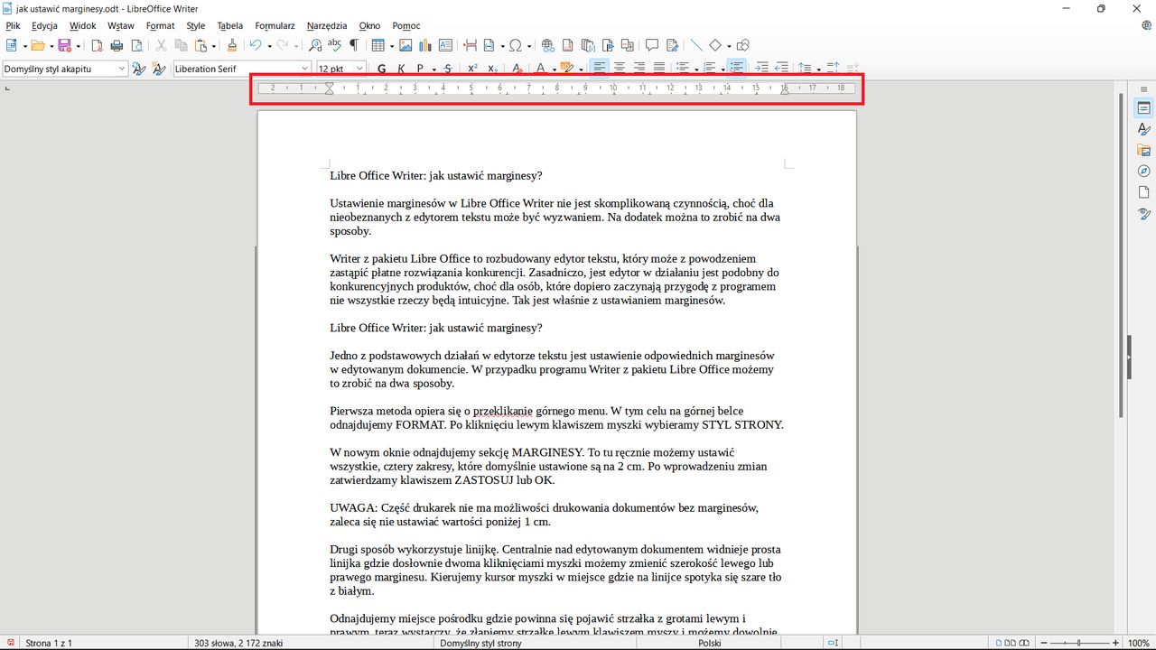 LibreOffice Writer: linijka 