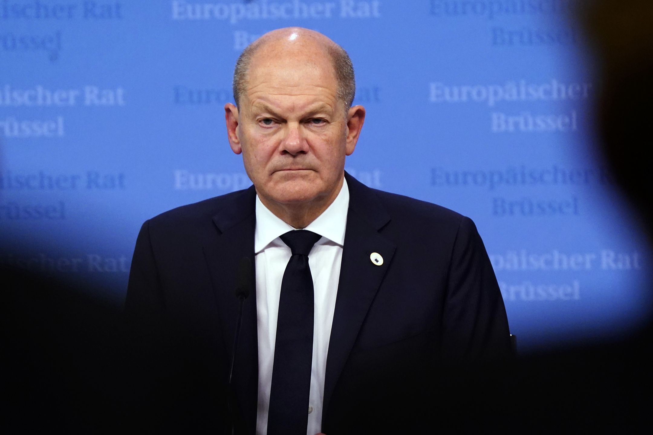 BRUSSELS, BELGIUM - OCTOBER 17:  Federal Chancellor of Germany Olaf Scholz attends a press conference during the European Council Summit on October 17, 2024 in Brussels, Belgium. EU leaders are meeting in Brussels during the European Council, October 17-18. Members are expected to discuss the ongoing conflicts in Ukraine and the Middle East, as well as the topics of competitiveness, migration, and foreign affairs. (Photo by Pier Marco Tacca/Getty Images)