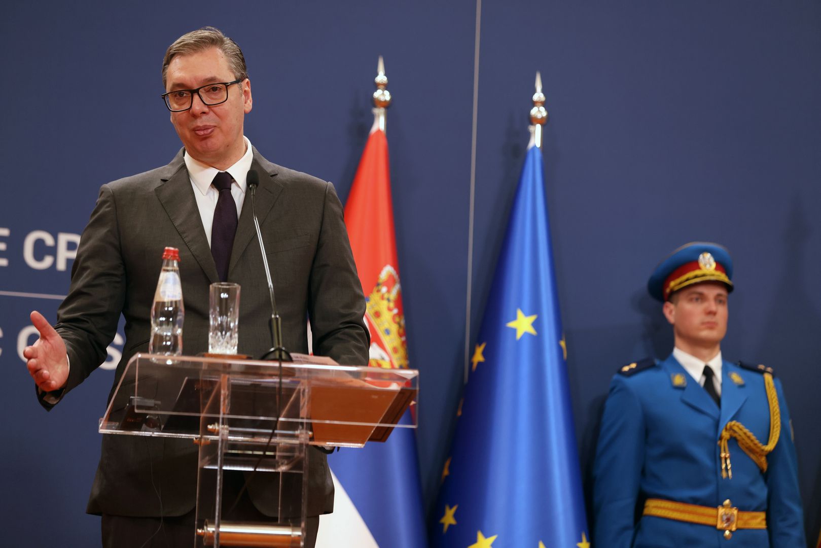 Serbian President Aleksandar Vucic addresses the media with Central African Republic (CAR) president after their meeting in Belgrade, Serbia, 29 February 2024. President Faustin-Archange Touadera is on an official state visit to Serbia. EPA/ANDREJ CUKIC Dostawca: PAP/EPA.