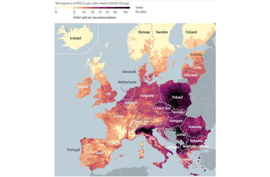 Poziom zanieczyszczonego powietrza w Europie