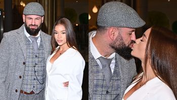 Wojciech Gola w kaszkiecie MIGDALI SIĘ z młodszą o 16 lat ukochaną na premierze filmu Szpilki. Słodko?