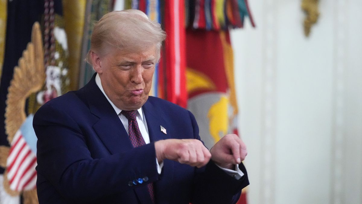 WASHINGTON, DC - JUNE 18: U.S. President Donald Trump gestures as he departs following a Medal of Honor Ceremony in the East Room of the White House on June 18, 2026 in Washington, DC.  Major James Capers Jr., an 88-year-old Vietnam veteran, saved multiple lives of Marines under his command during a 1967 battle at Phu Loc, all while suffering from several gunshot wounds. President Trump will also award the Medal of Honor to Colonel John W. Ripley, U.S. Marine Corps (Posthumous), and Major Nicholas Dockery, U.S. Army (Retired). (Photo by Al Drago/Getty Images)