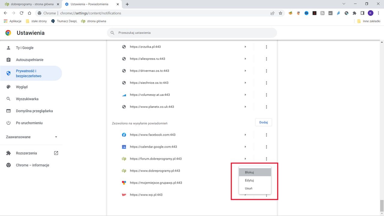 Google Chrome: blokowanie powiadomień dla pojedynczej witryny