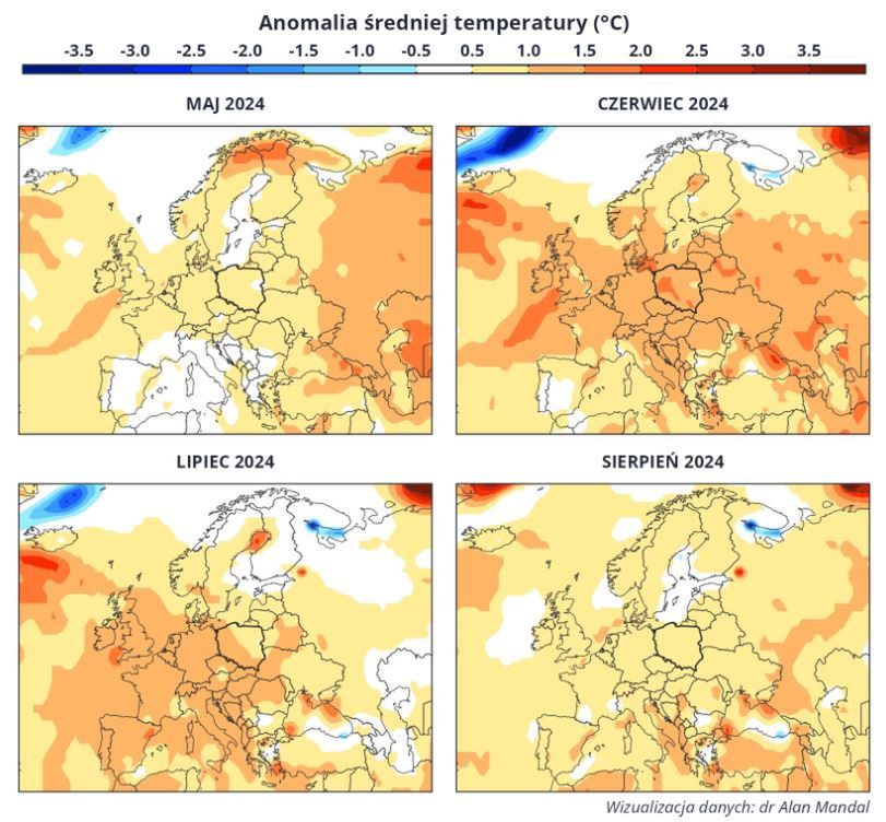 Anomalie średniej temperatury w wakacje obejmą niemal całą Europę.