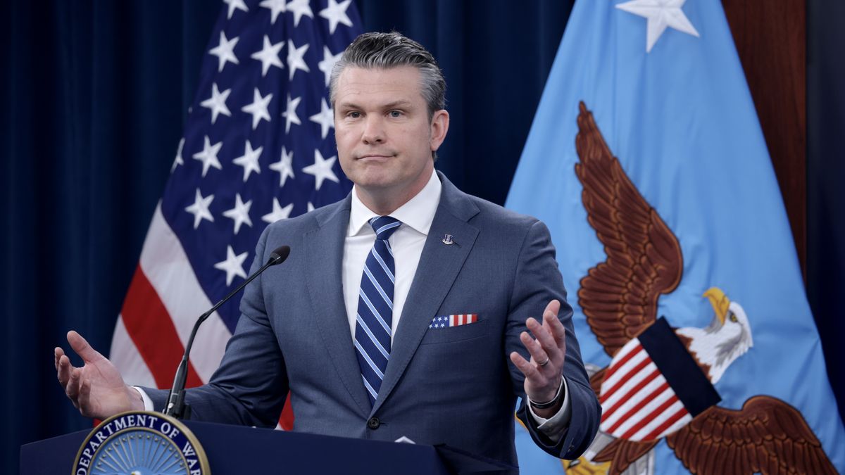 ARLINGTON, VIRGINIA - APRIL 16:  U.S. Secretary of War Pete Hegseth speaks during a press briefing at the Pentagon on April 16, 2026 in Arlington, Virginia. Hegseth addressed the war between the United States and Israel against Iran as negotiations continue toward a longer-term agreement between the countries. (Photo by Alex Wong/Getty Images)