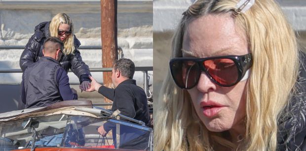 Naturalna Madonna z plastrem pod okiem zasiada do wodnej taksówki w Wenecji (ZDJĘCIA)