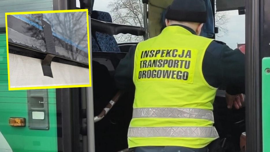 Szyby autobusu szkolnego przyklejone taśmą