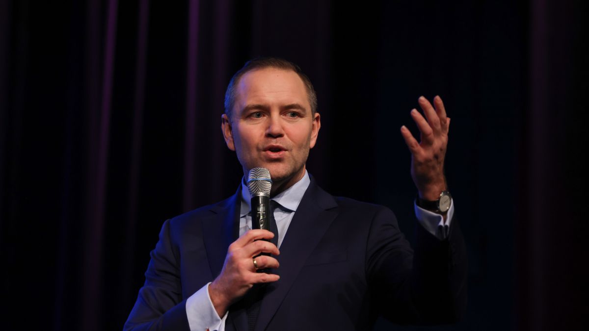 Karol Nawrocki, a historian and head of the Institute of National Remembrance (IPN), speakd during a meeting with residents of Myslenice in Poland on January 21st, 2025. Nawrocki is a candidate backed by the main opposition party Law and Justice (PiS) in the upcoming presidential election in Poland. (Photo by Beata Zawrzel/NurPhoto via Getty Images)