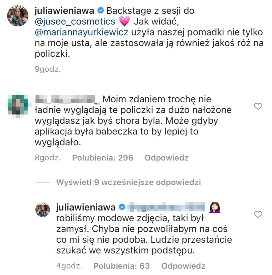 Julia Wieniawa dyskutuje z fanką na Instagramie